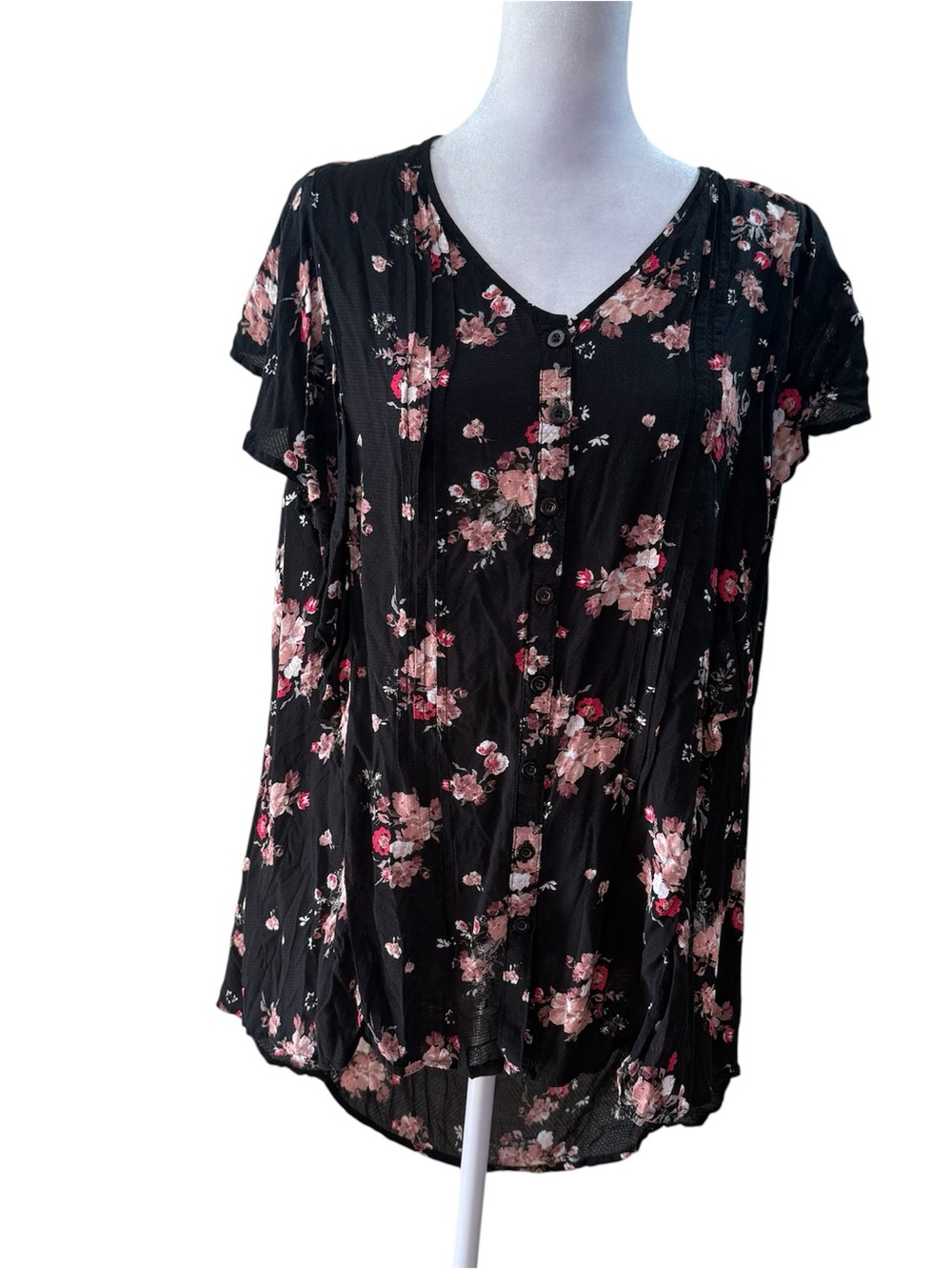 Womens Torrid Plus Size 3 Black Pink Floral V-Neck Button Front Rayon Blouse